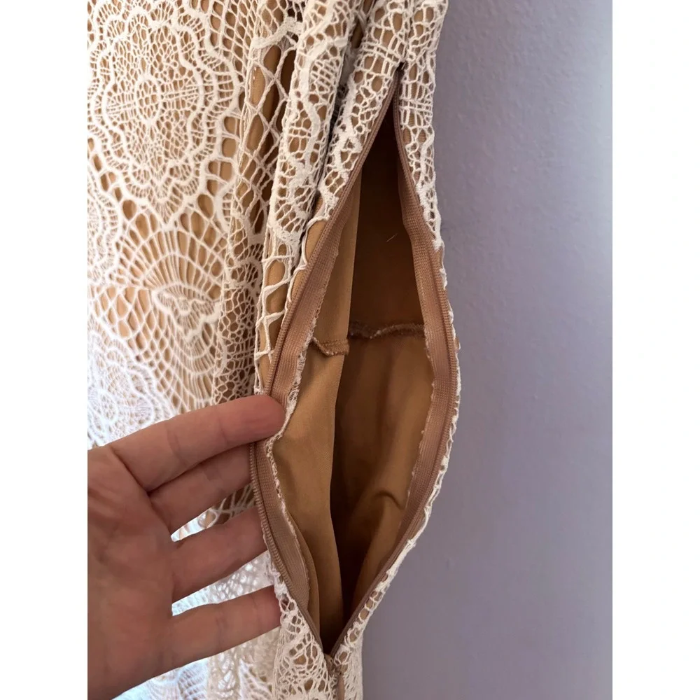 For Love & Lemons White Lace Nude Illusion Long Sleeve Mini Dress Scalloped Trim